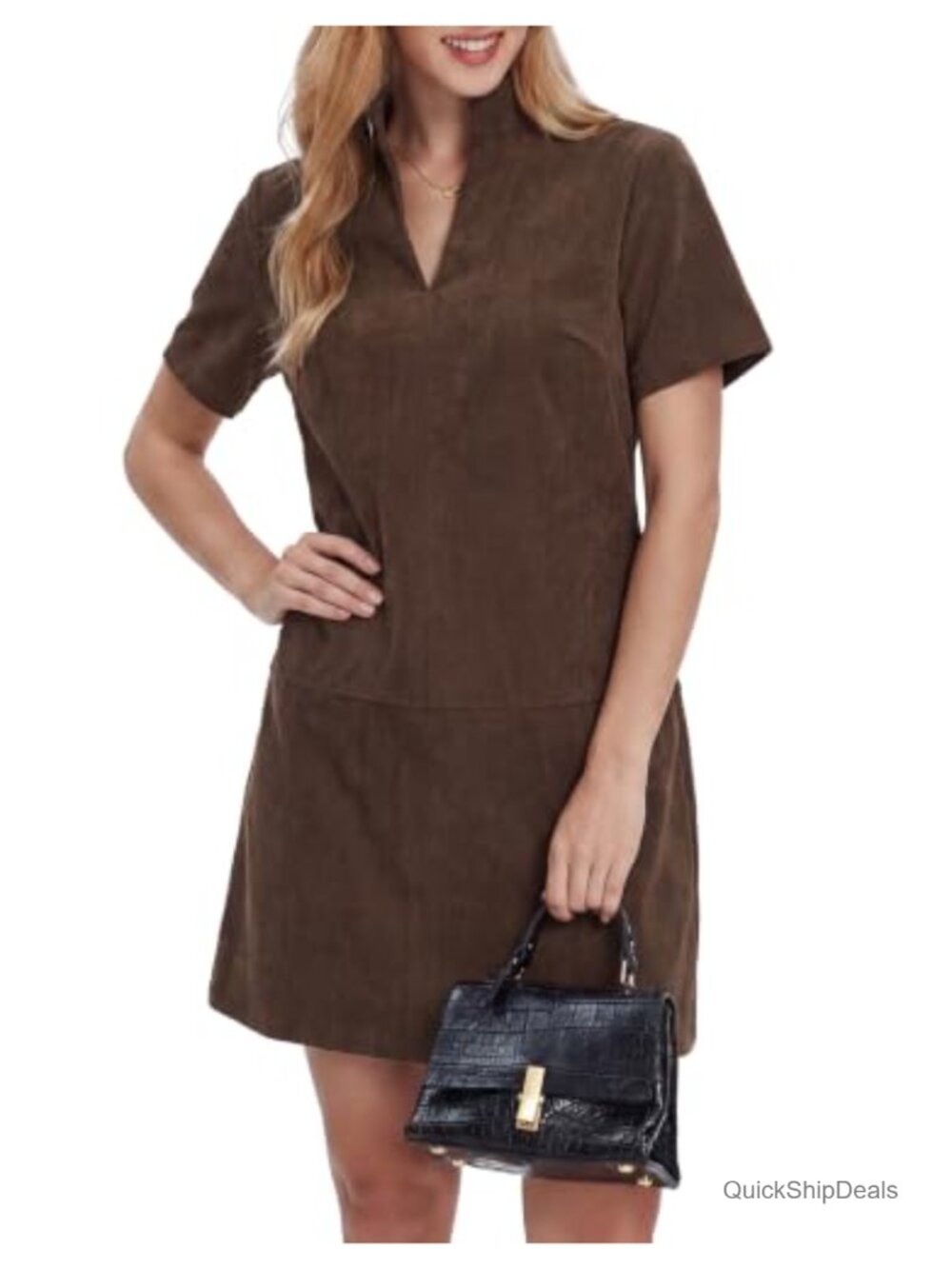 Corduroy Shift Dress Short Sleeve V Neck Mini Fall Winter Casual